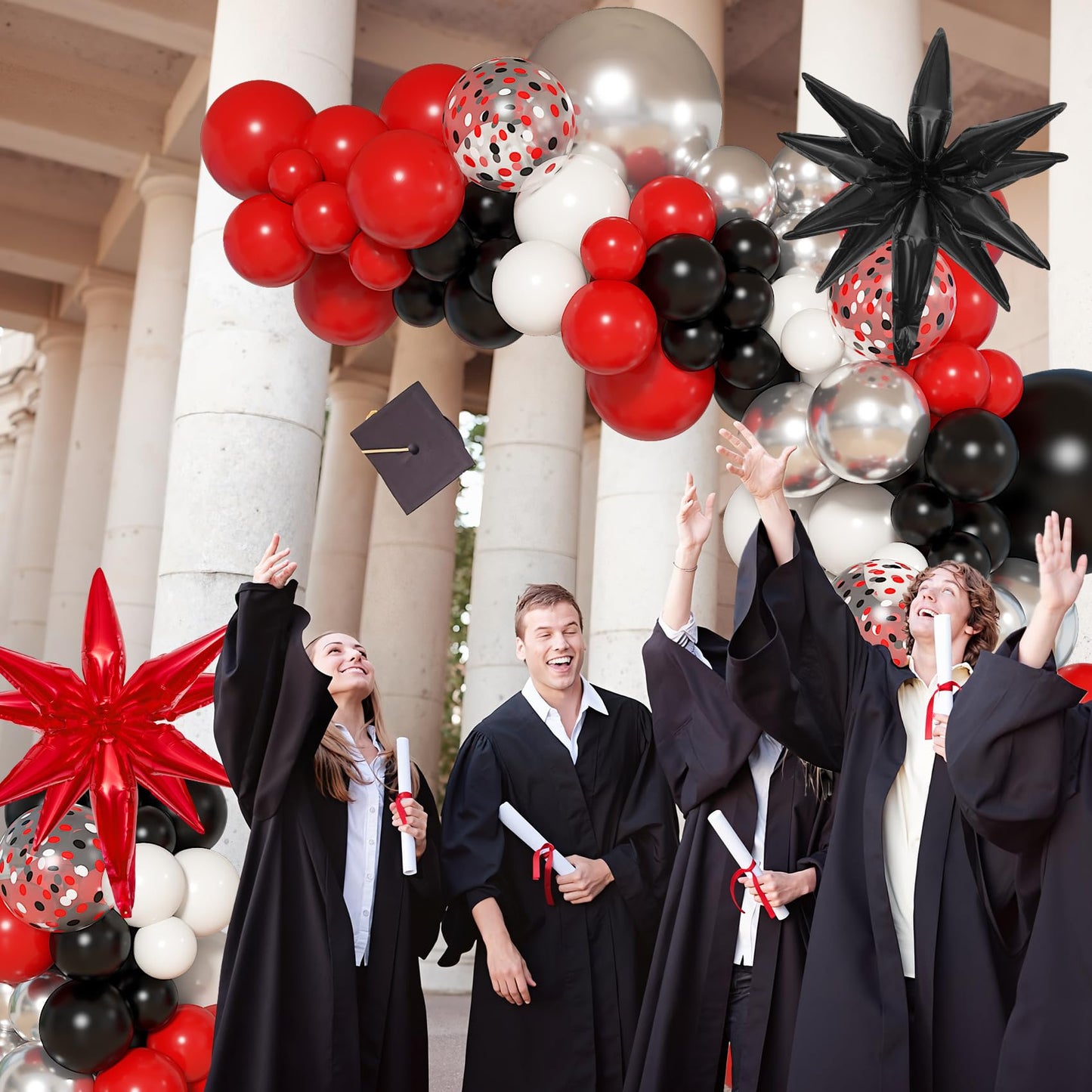 Ouddy Life 142pcs Red and Black Balloon Garland Arch Kit, Class of 2026 Decorations Graduation Red Black and White Sliver Confetti Balloons Foil Star for Anniversary Birthday Racing Car Poker Party