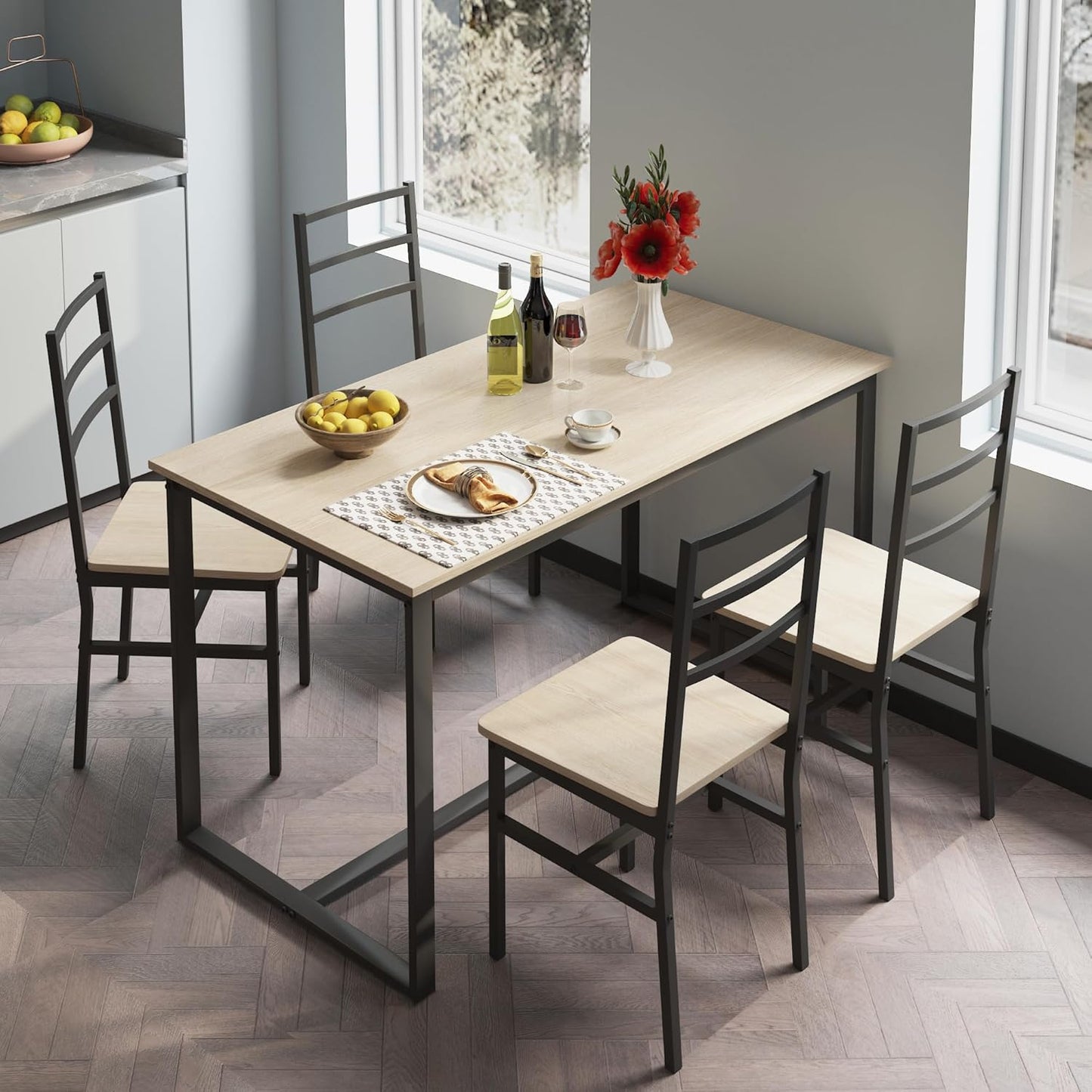 Ball & Cast 5 Pieces Dining Table Set with 4 Chairs,Kitchen Table and Chairs for 4 W/ 47.2" Rectangle Desk,Living Room Furniture W/Backrest,for Small Space,Beige