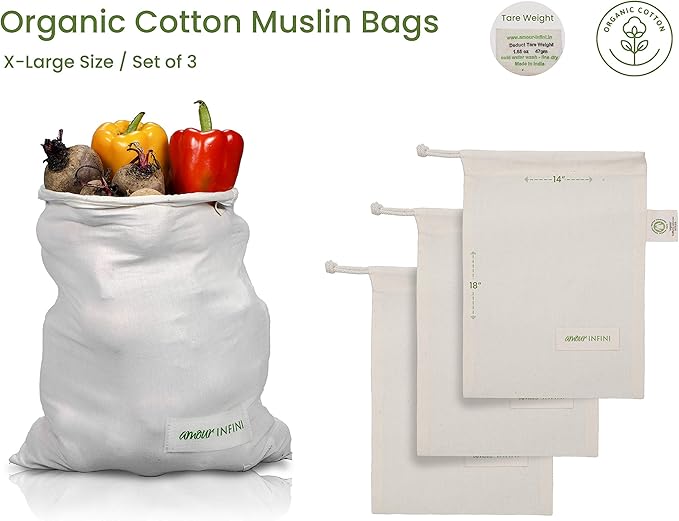 AMOUR INFINI Grocery Bags - Reusable Organic Cotton Food Safe Washable Produce Bags with Drawstrings - Set of 3 (Extra Large) Muslin Bags for Shopping, Vegetables & Fruits Shopping Bag