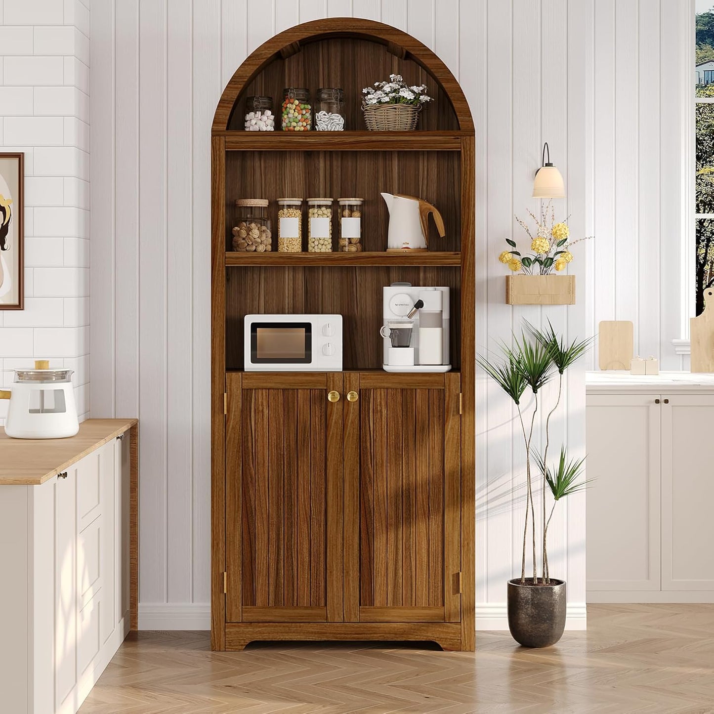 GAOMON 72'' Tall Arched Cabinet, 5 Tier Arched Bookshelf with Double Doors & Adjustable Shelf, Wooden Bookcase with Storage for Living Room, Bedroom, Study, Kitchen, Home Office, Walnut Color