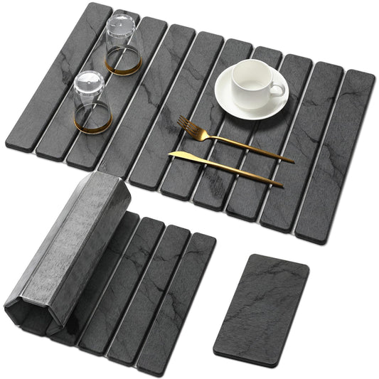 Large Stone Dish Drying Mat for Kitchen Counter, Quick Dry Stone Dishes Mats,Foldable Water Absorbing Diatomaceous Earth Drying Organizer Pad for Plate Rack Bottles Utensils(Dark Gray 24"×16" & 8"x4")