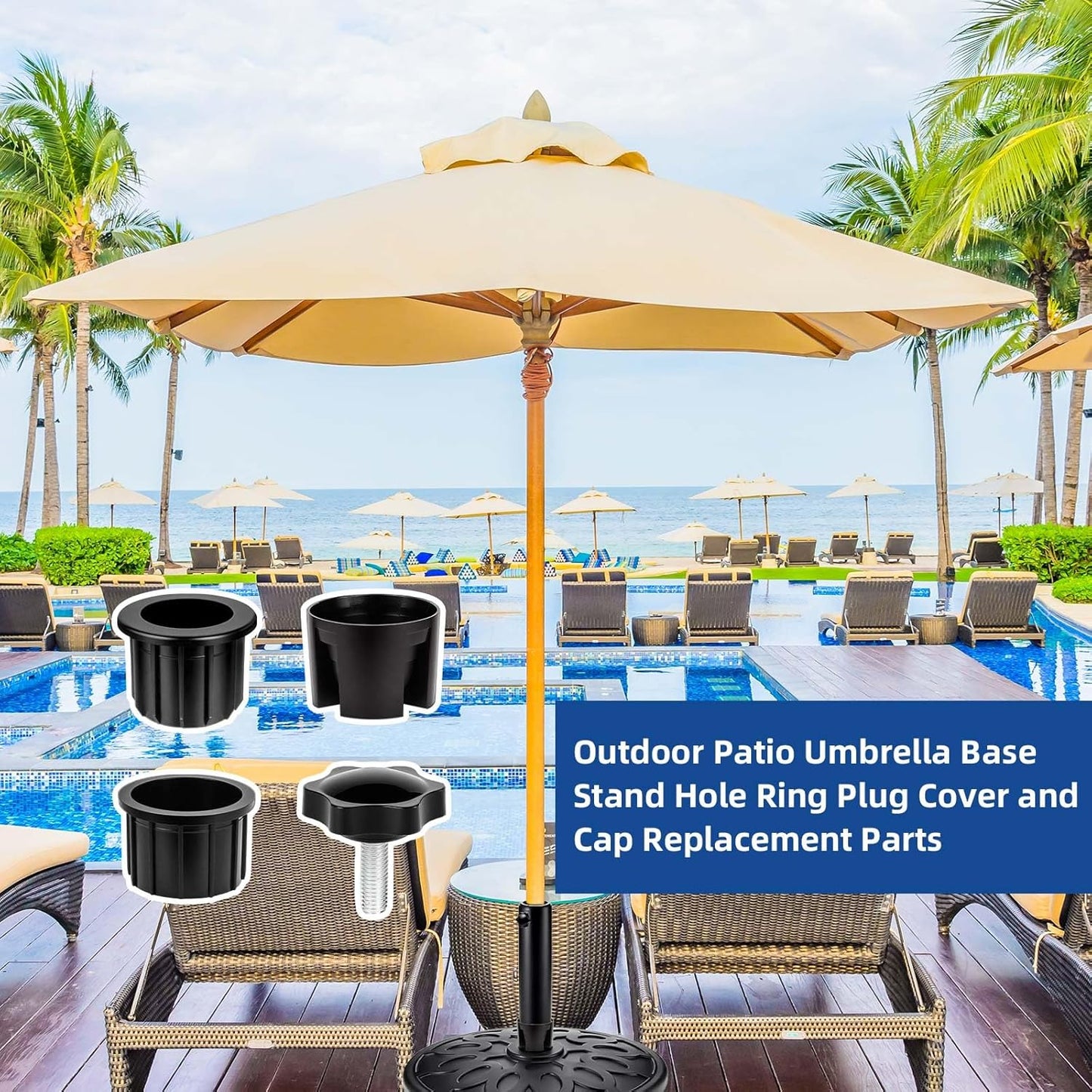 8 Pieces Set Outdoor Patio Umbrella Base Stand Hole Ring Plug Cover and Cap Replacement Parts, Umbrella Stand Base with M8 Thread Replacement Stabilizer Sleeve for Outdoor Patio Spaces, Black