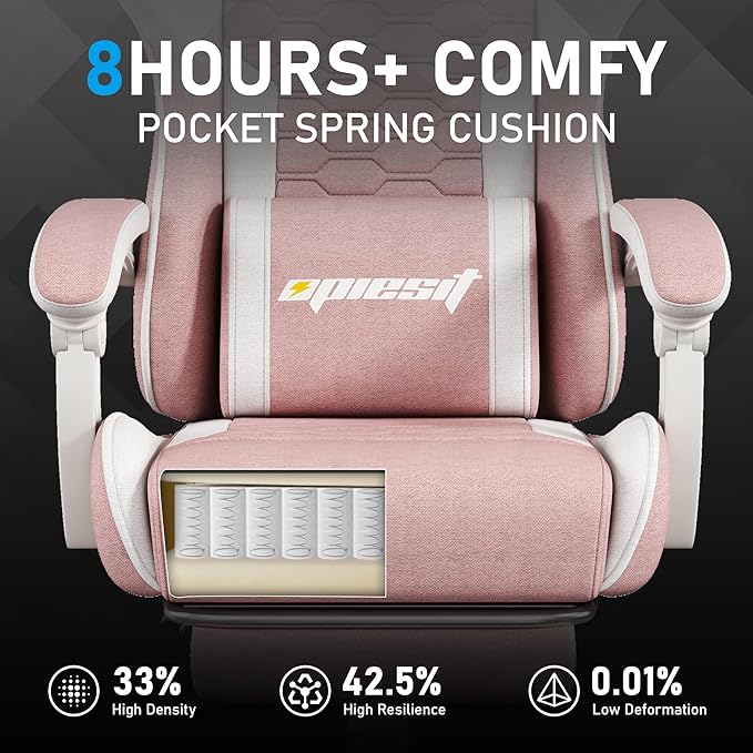 Gaming Chair, Fabric Computer Chairs with Lumbar Support and Massager, Ergonomic Office Chair with Footrest & Pocket Spring Cushion, Bearing 400 LBS（Pink）