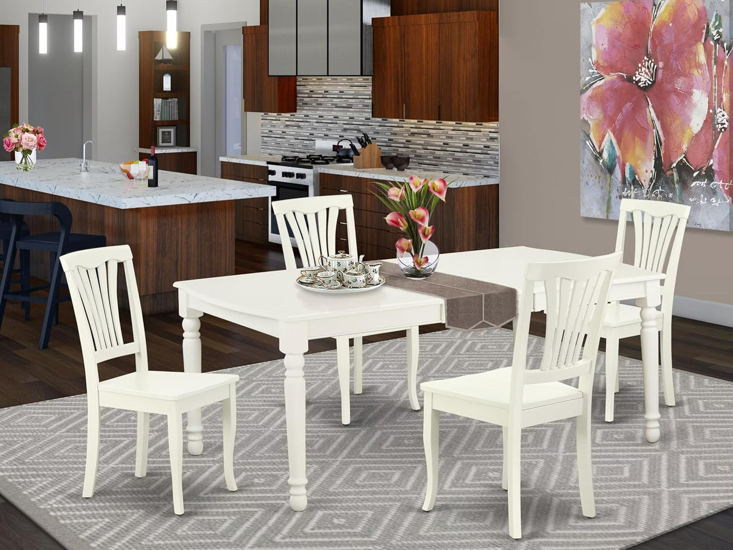 East West Furniture DOAV5-LWH-W 5 Piece Dining Set Includes a Rectangle Dining Room Table with Butterfly Leaf and 4 Wood Seat Chairs, 42x78 Inch, Linen White