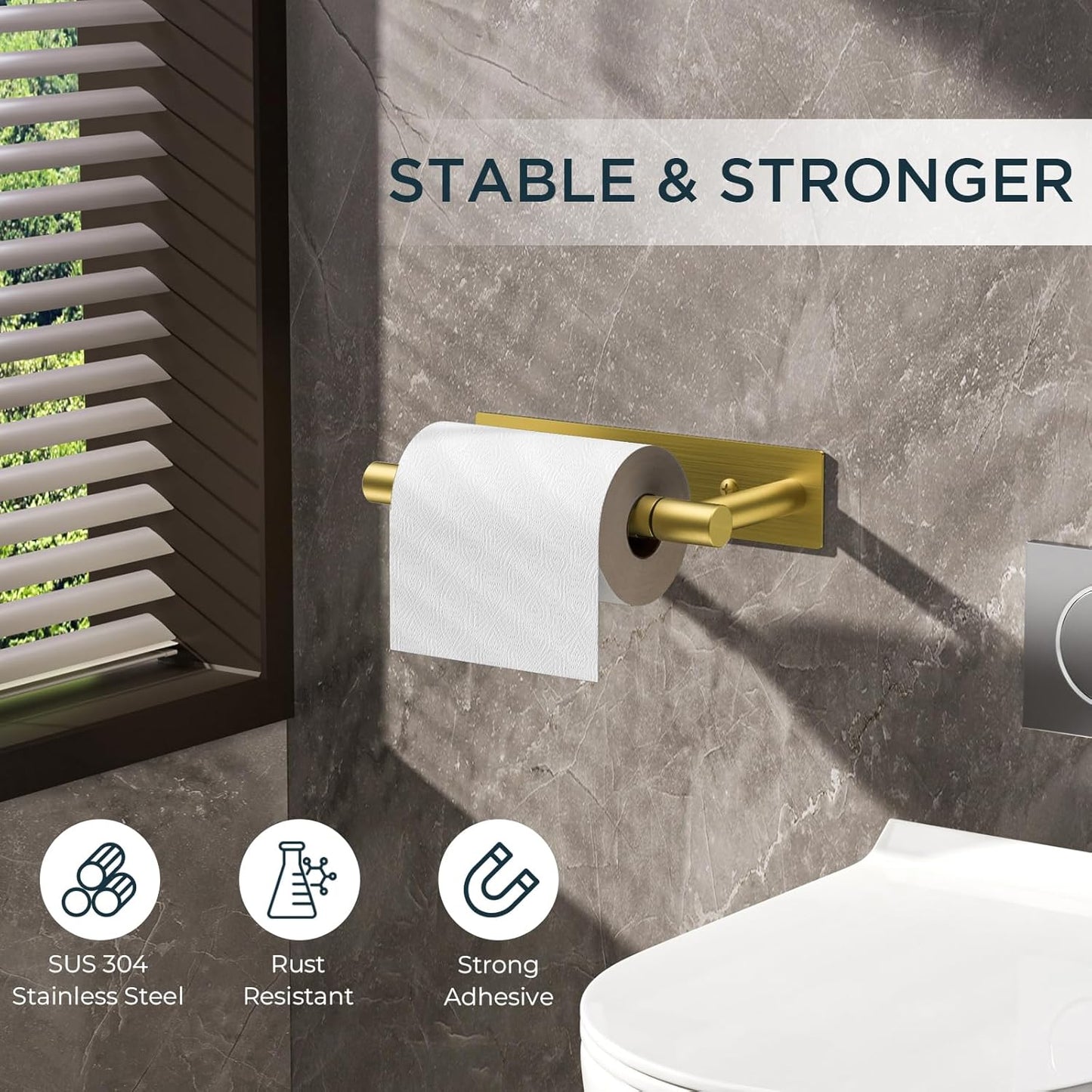 FORIOUS Toilet Paper Holder, Adhesive or Wall Mounted Options, Stainless Steel Rustproof Stick on no Drilling Double Post Pivoting Toilet Tissue Roll Holder Wall Mount for Bathroom, Brushed Gold