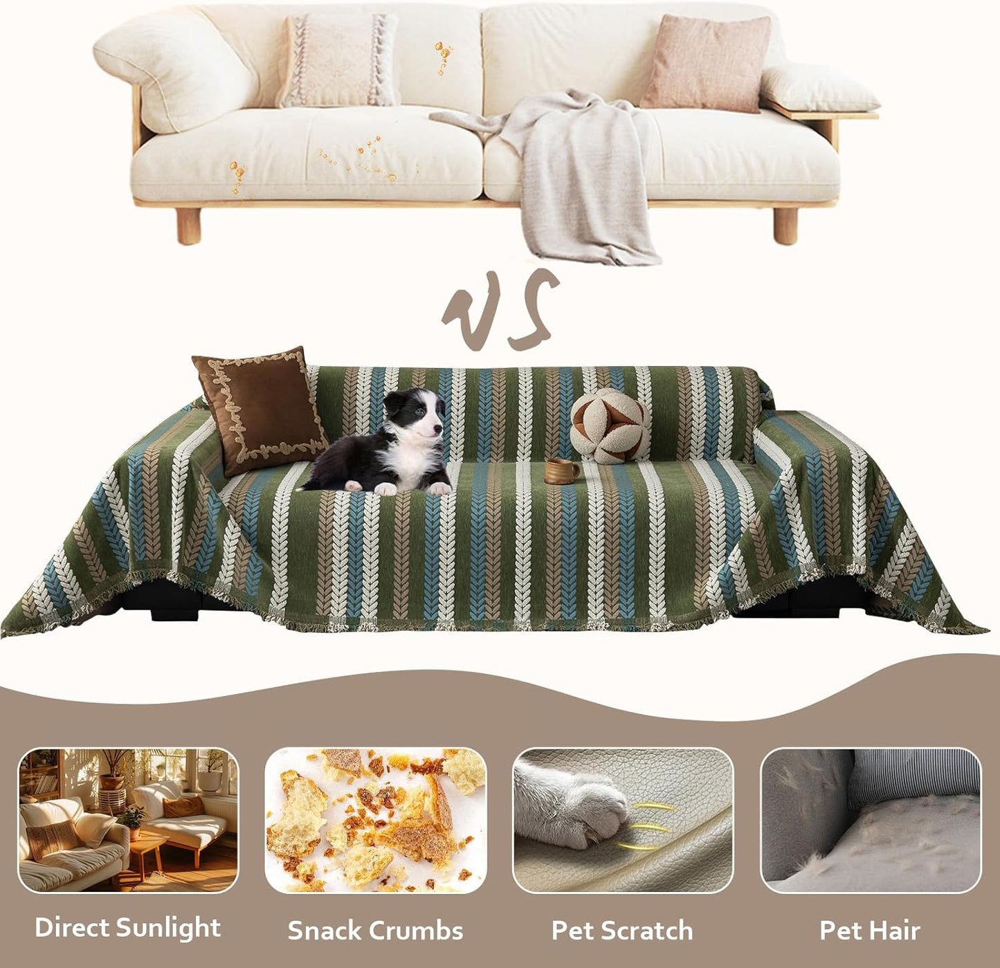 STACYPIK Thick Jacquard Green Couch Cover, Washable Sofa Cover for 3 Cushion Couch, Washable Chenille Couch Cover Blanket, Multi-use Sofa Protector Slipcover, Furniture Protector Pet-Friendly-71X134IN