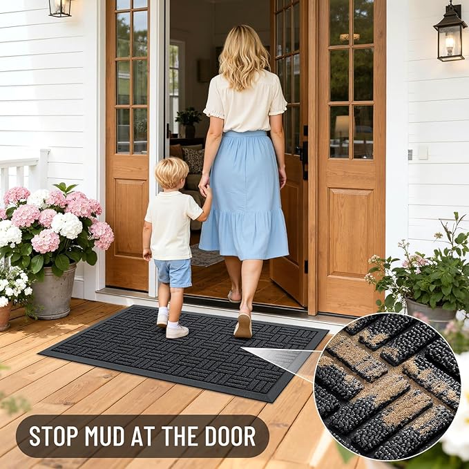 OLANLY Front Door Mat Outside Entrance 59x23, Absorbent, Heavy Duty Sturdy Natural Rubber Doormat Indoor Outdoor, Stain and Fade Resistant, Non-Slip Backing Low Profile Floor Mat for Entryway, Black