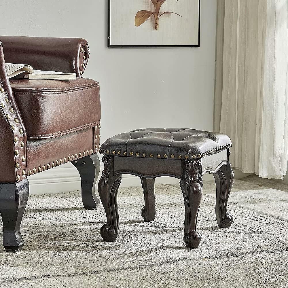 Foot Stool Ottoman with Microfiber Leather Cushion Footrest Sofa Stool for Hallway, Foyer, Living Room, Bedroom, Simple Assembly (Dark Brown)