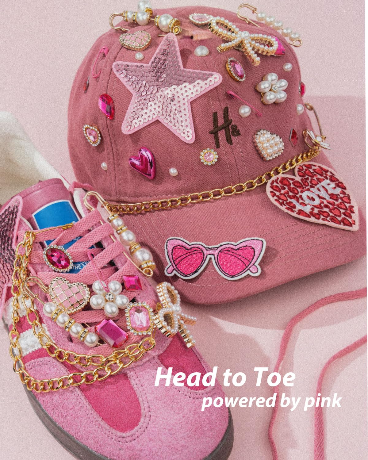 DoDoBeads 108 Pcs Junk Socks Charms Kit, Pink Shoe Charms for Sneakers, Pearl and Rhinestone Sock Charm with Safety Pins, DIY Accessories for Decorating and Personalizing Socks/Shoes/Hats/Bags