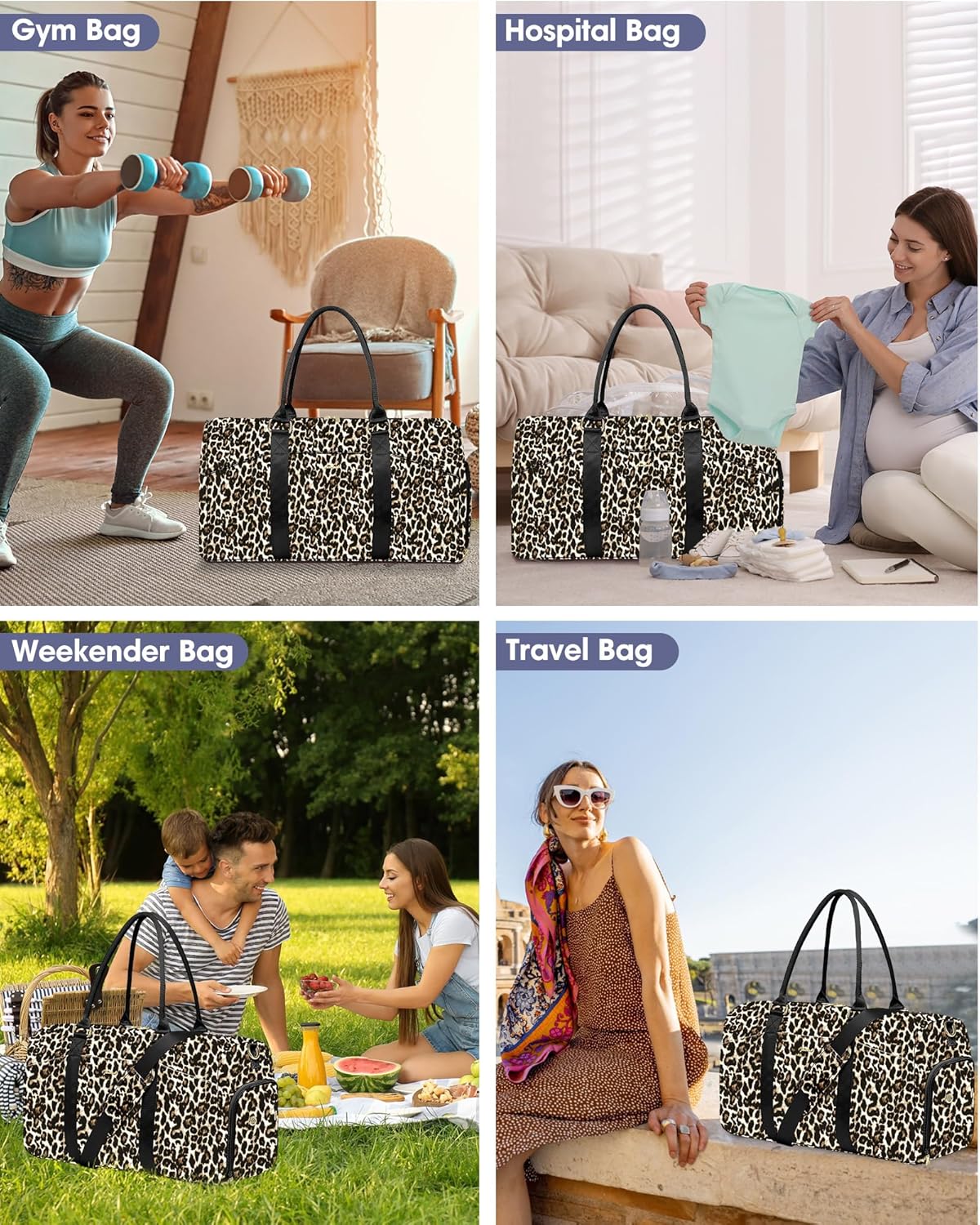 Women Duffle Weekender Travel Bag: Large Duffel Bags with Shoe Compartment Carry On Overnight Tote Bag with Wet Pocket Toiletry Bag Traveling Weekend Gym Yoga Hospital Bags for Womens Brown Leopard