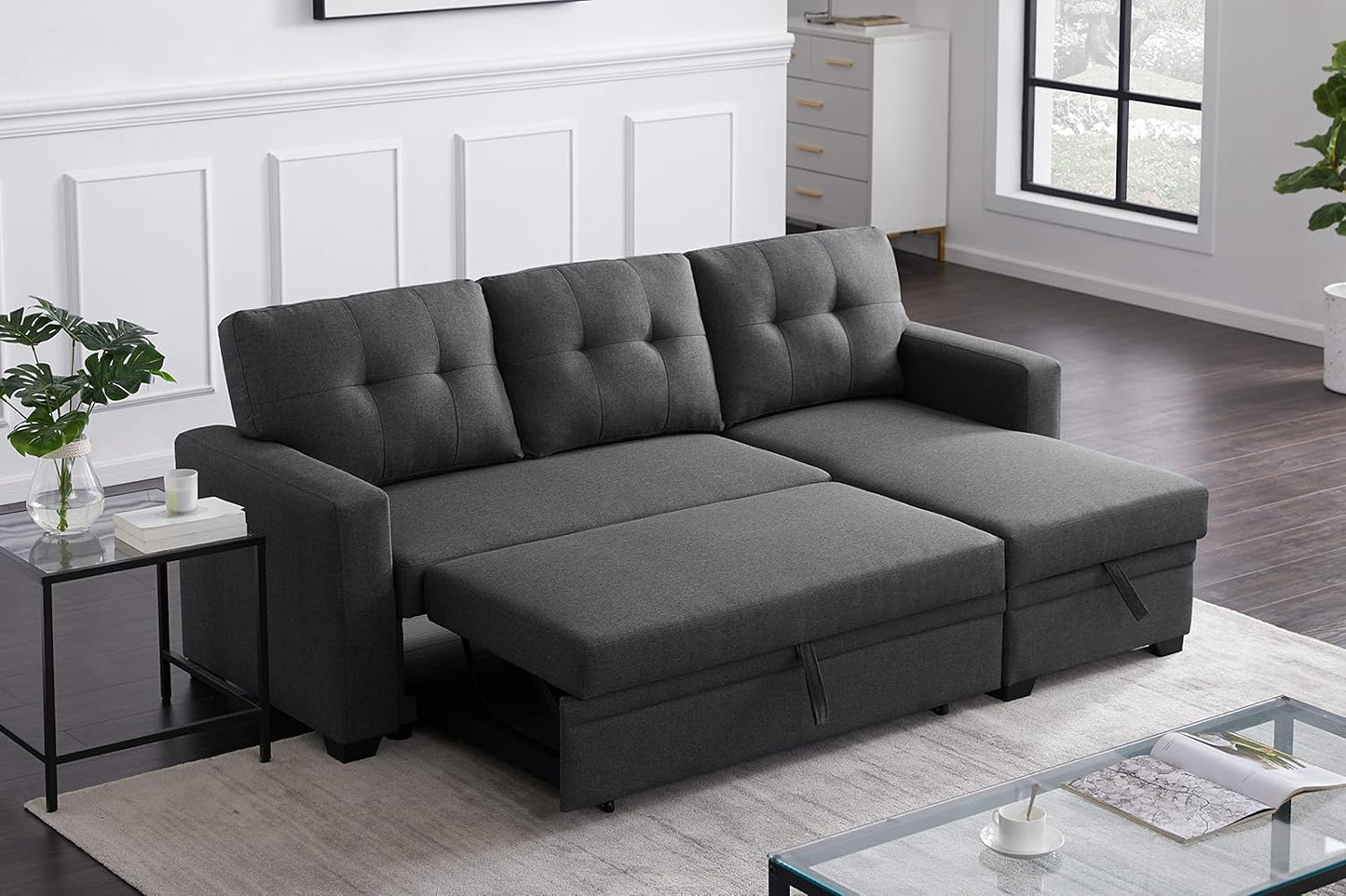 Devion Furniture Garisa 4-in-1 Convertible L Shaped Couch with Pull Out Bed and Storage, Sectional Sleeper Sofa with Reversible Chaise for Living Room, Apartment, Bedroom, Office