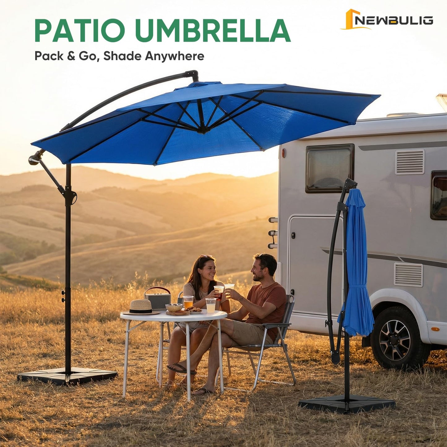 NEWBULIG 10FT Patio Umbrella with Base Included, Offset Cantilever Outdoor Patio Table Umbrella, UV Protection, Fade Resistant Fabric, Easy Tilt Adjustment for Pool, Deck, Garden, Backyard, Blue