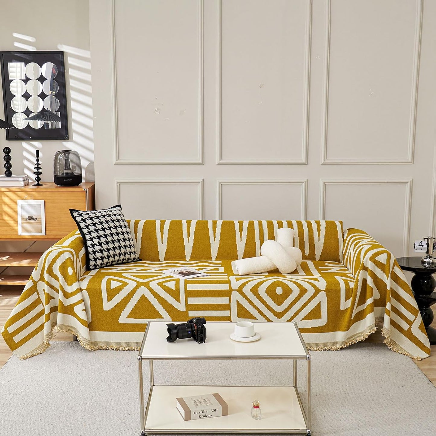 STACYPIK Boho Ginger Yellow Couch Cover, Reversible Sofa Cover L Shaped, Pets Protector for 2 Cushion Couch, Anti Slip Loveseat Sofa Cover Pet Friendly, Washable Jacquard Couch Cover Blankets-71X118IN
