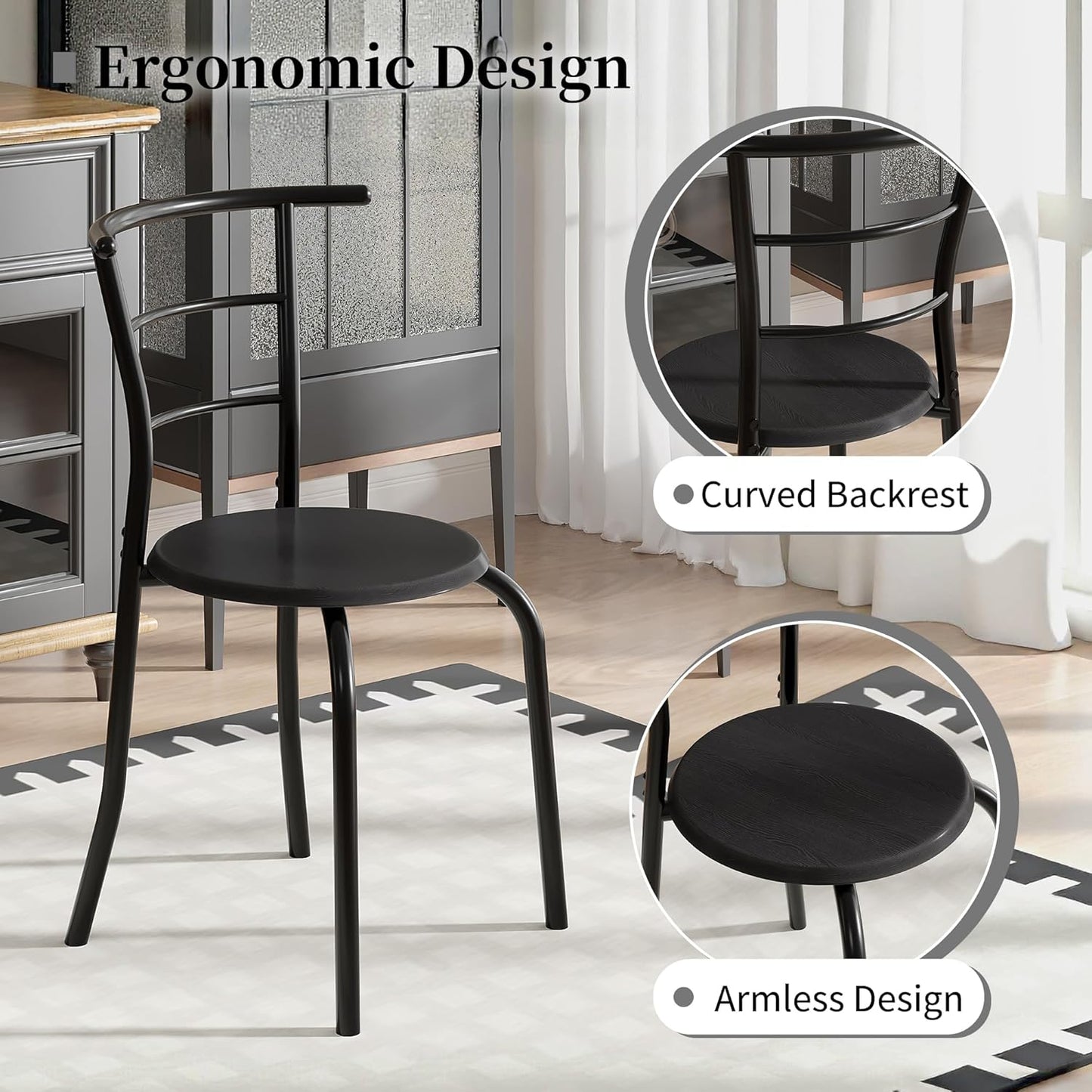VECELO 3-Piece Dining Table Set for Kitchen Breakfast Nook, Wood Grain Oval Tabletop and Metal Frame with Built-in Wine Rack, for Small Spaces, Black
