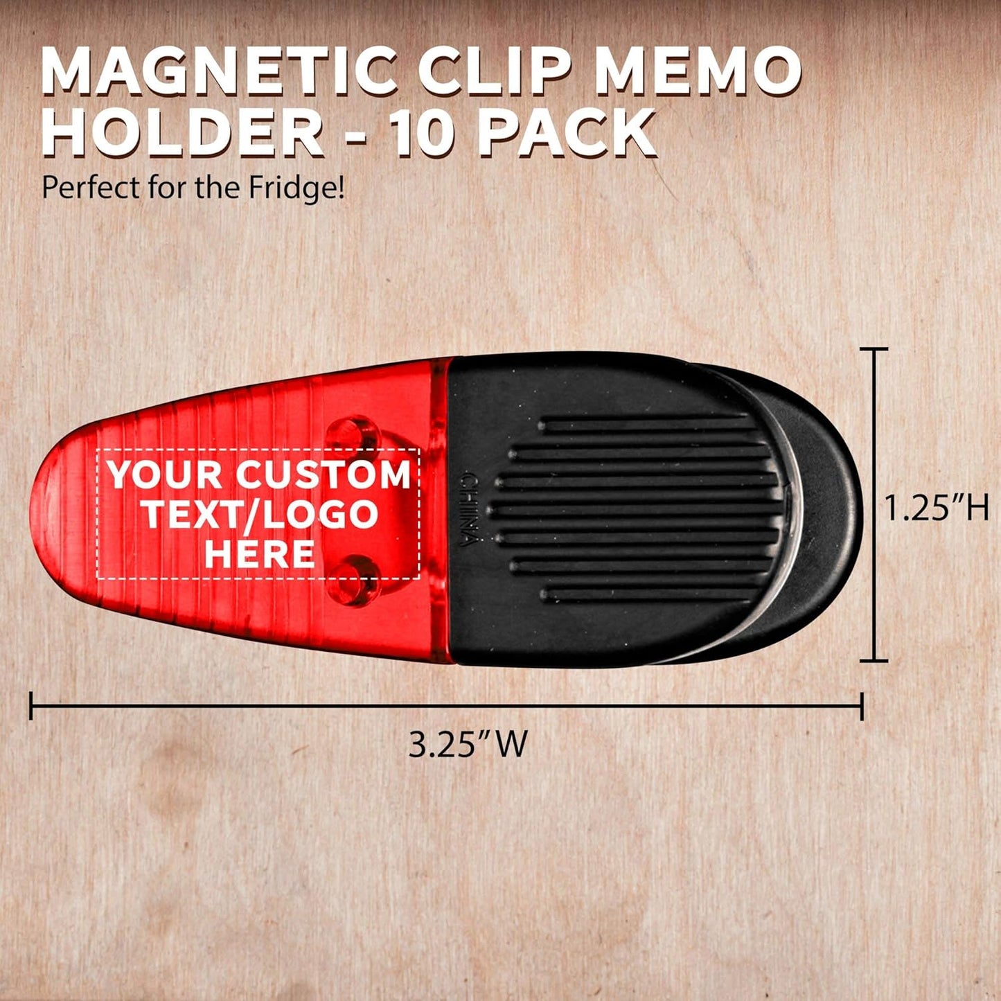 10 Magnetic Memo Holders Set - Customizable Text, Logo - Large Clip, Plastic - TRed