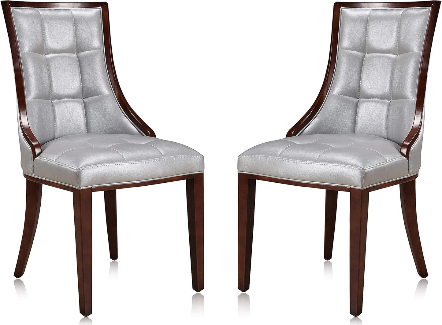 Manhattan Comfort Fifth Avenue Faux Leather Dining Chairs, Parsons Accent Furniture with Padded Wingback Seat, Fine Rectangular Stitching and Solid Beech Wood Frame, Set of 2, Silver