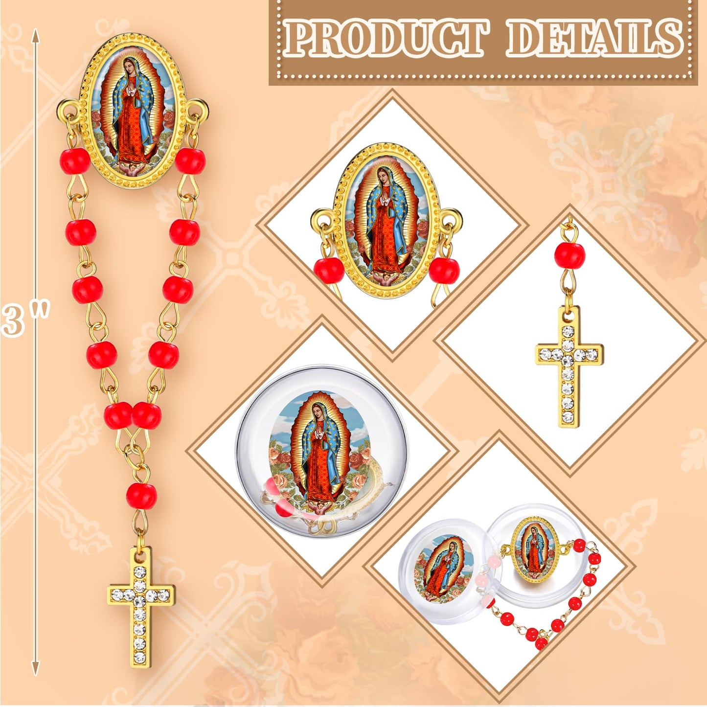 Landical 12 Pcs Our Lady of Guadalupe Rosary Lapel Pin Baptism Favor for Guests First Communion Gift Religious Catholic Pin Christian Event Funeral Memorial Favors(Red)