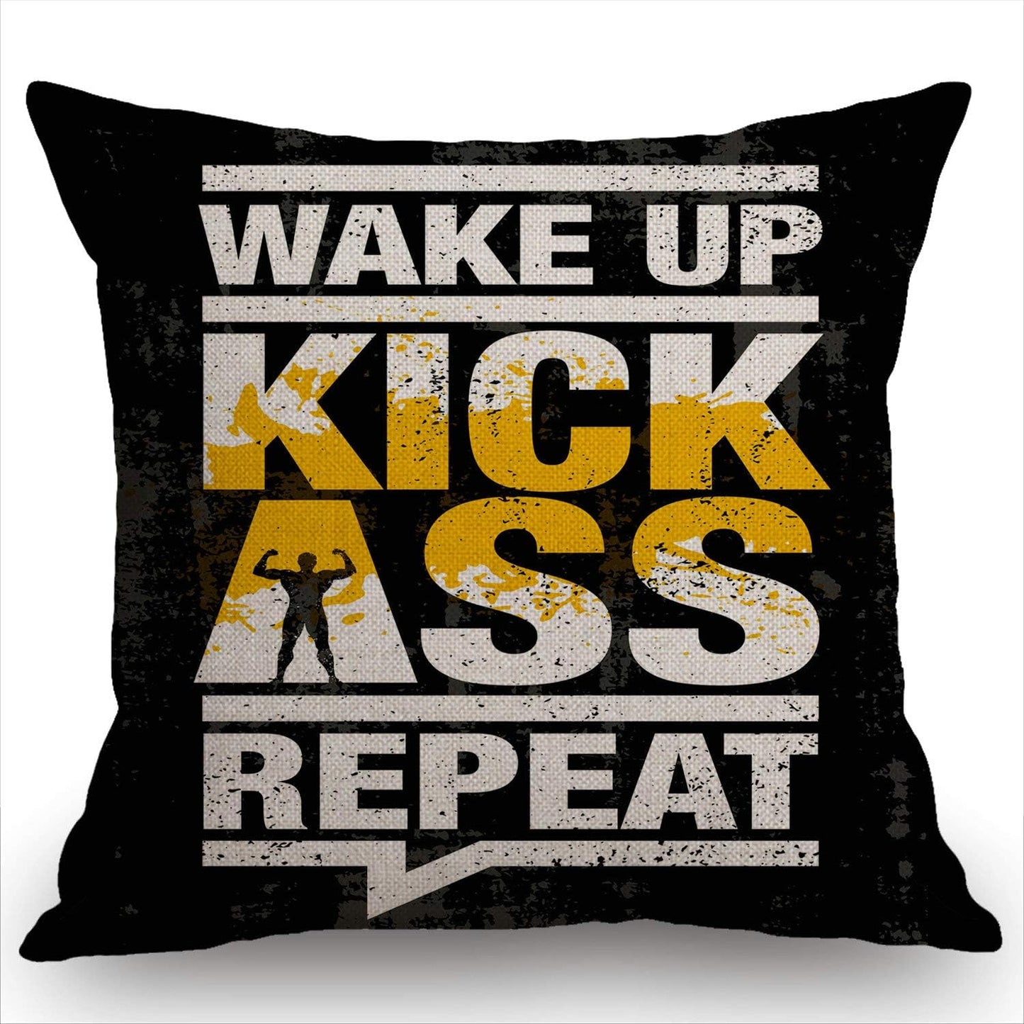 Swono Fitness Gym Sport Workout Motivation Quote Throw Pillow Case Funny Quotes Cushion Cover Cotton Linen 18 x 18 Inch,Wake Up Kick Ass Repeat