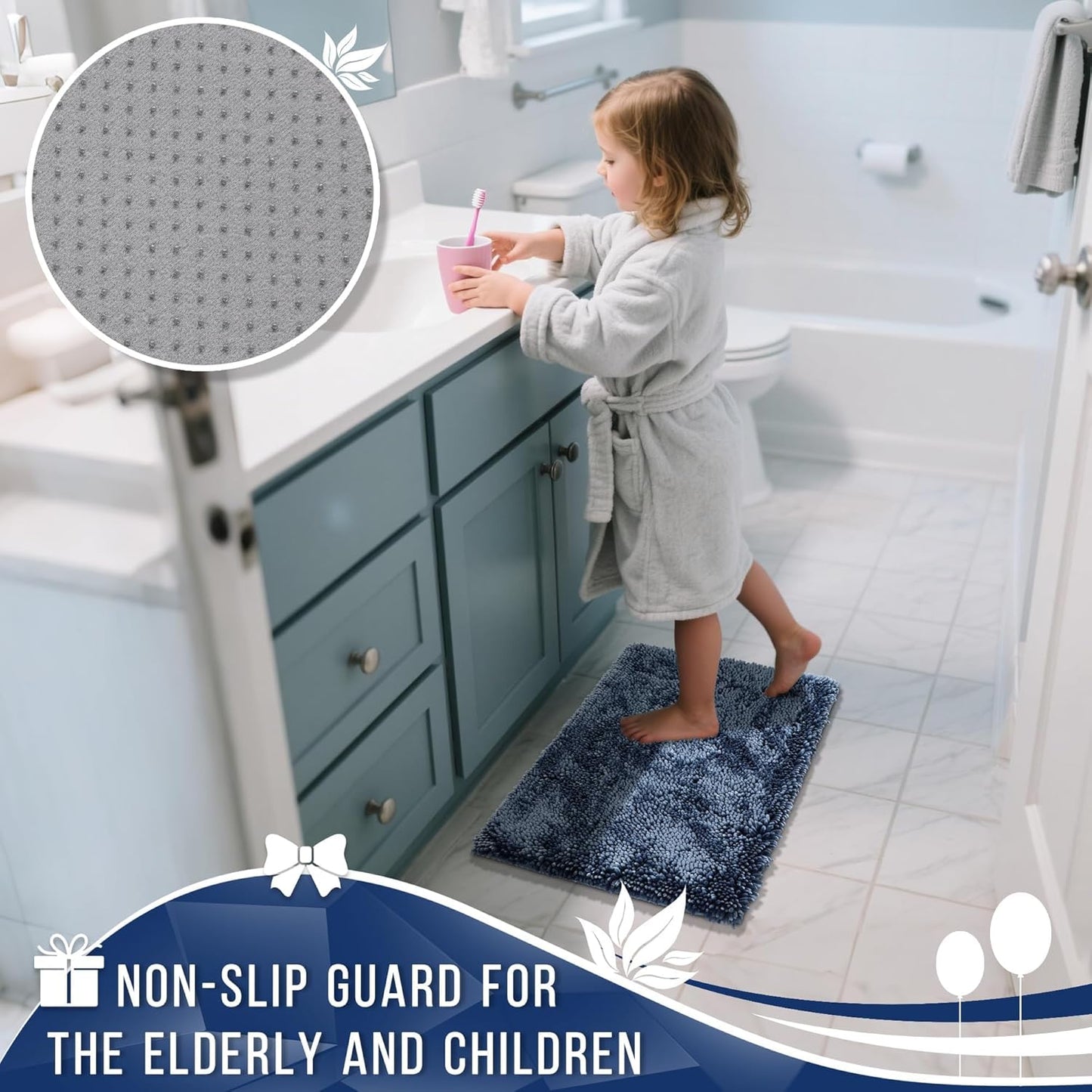 Yimobra Long Bathroom Rug Non Slip 44x24 Inch, Extra Thick Soft Absorbent Chenille Bath Mat, Machine Washable Bath Rugs for Bathroom Floor, Tub and Shower, Home Decor Accessories, Light Blue