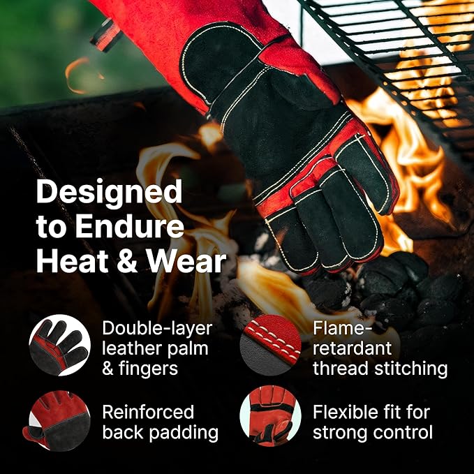 Welding Gloves for Men and Women - 16" Leather 932°F Heat and Fire Resistant Forge MIG TIG Stick Welder Gloves - Also Used for Oven, Grill, BBQ, Furnace, Stove, Fireplace, Animal Handling - Red