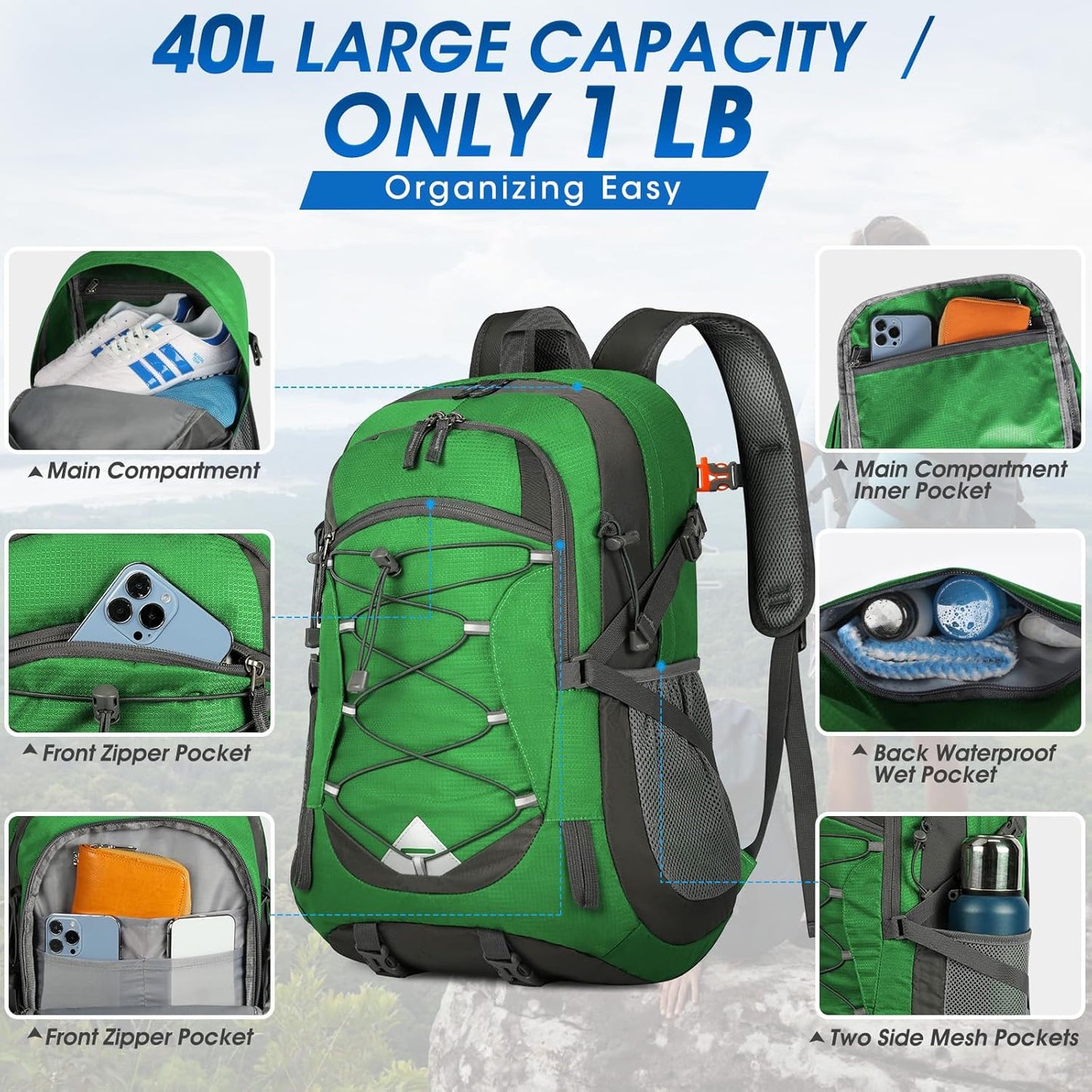 IGOLUMON Hiking Backpack 40L Packable Lightweight Camping Backpack Men Women Waterproof Hiking Daypack Outdoor Travel Daypack
