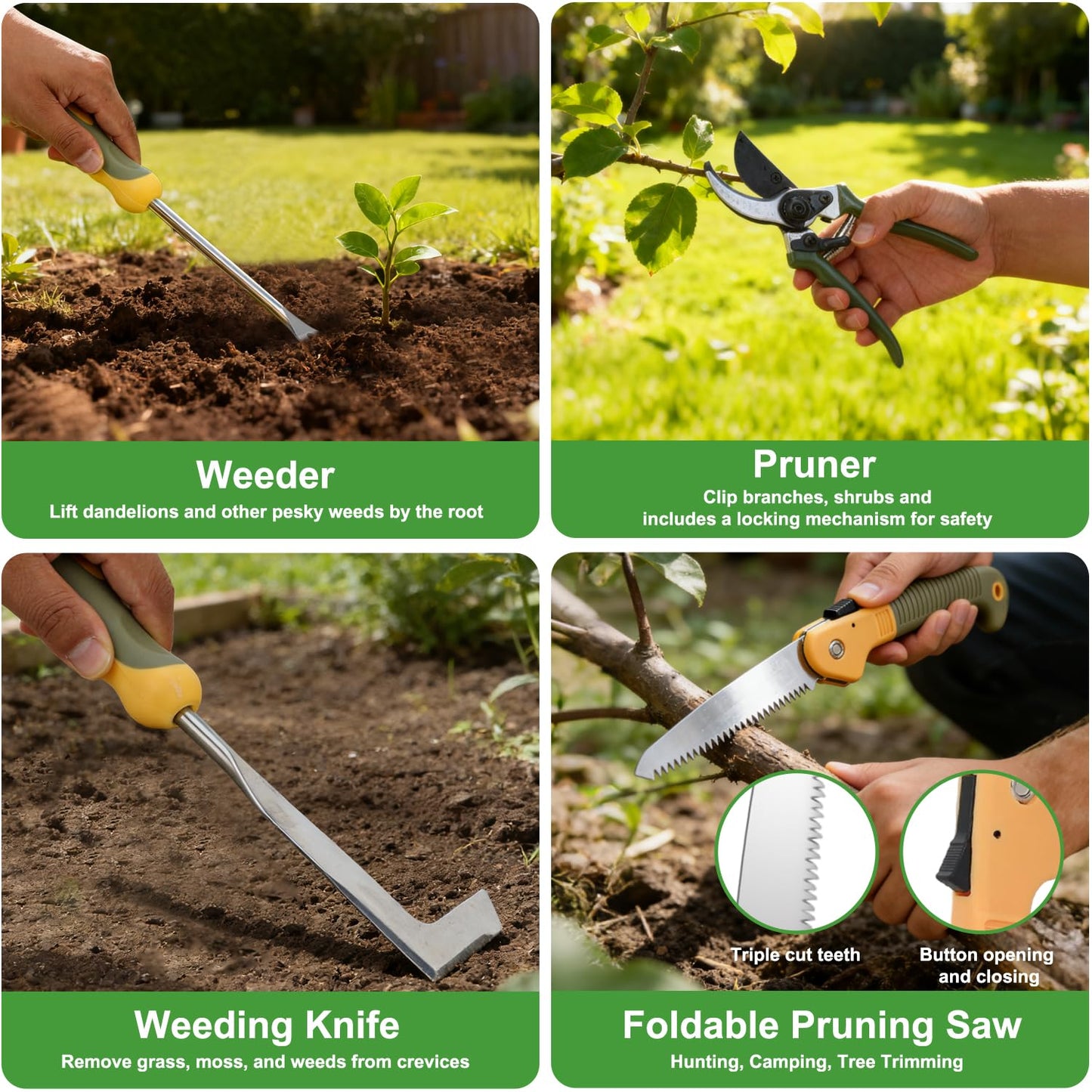 Yesker Gardening Tools 9-Piece Heavy Duty Garden Tool Set Gardening Supplies Gifts for Women Men Gardening Hand Tool Kit w Non-Slip Ergonomic Rubber Handle, Durable Garden Bag, Pruning Shears, Green