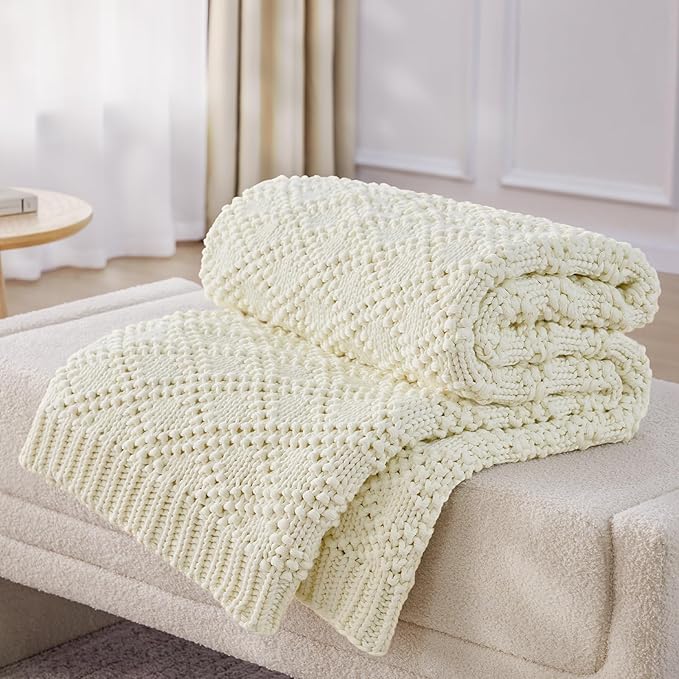 Knitted Weighted Blanket for Adult, Chunky Knit Weighted Throw for Sleep 50"*60" 7lbs, Cooling Breathable Heavy Blanket for Hot Sleepers, Machine Washable Blanket for Room Decor(Ivory White)