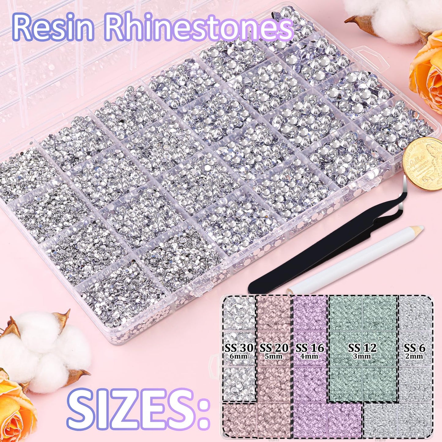32000Pcs Resin Rhinestones for Bedazzling, Silver Clear Flatback Gems for Diamond Art, Crystal Bedazzler Kit with 3Pcs 10ml B7000 Jewelry Glue for Nail Art Crafting Clothing Book Makeup