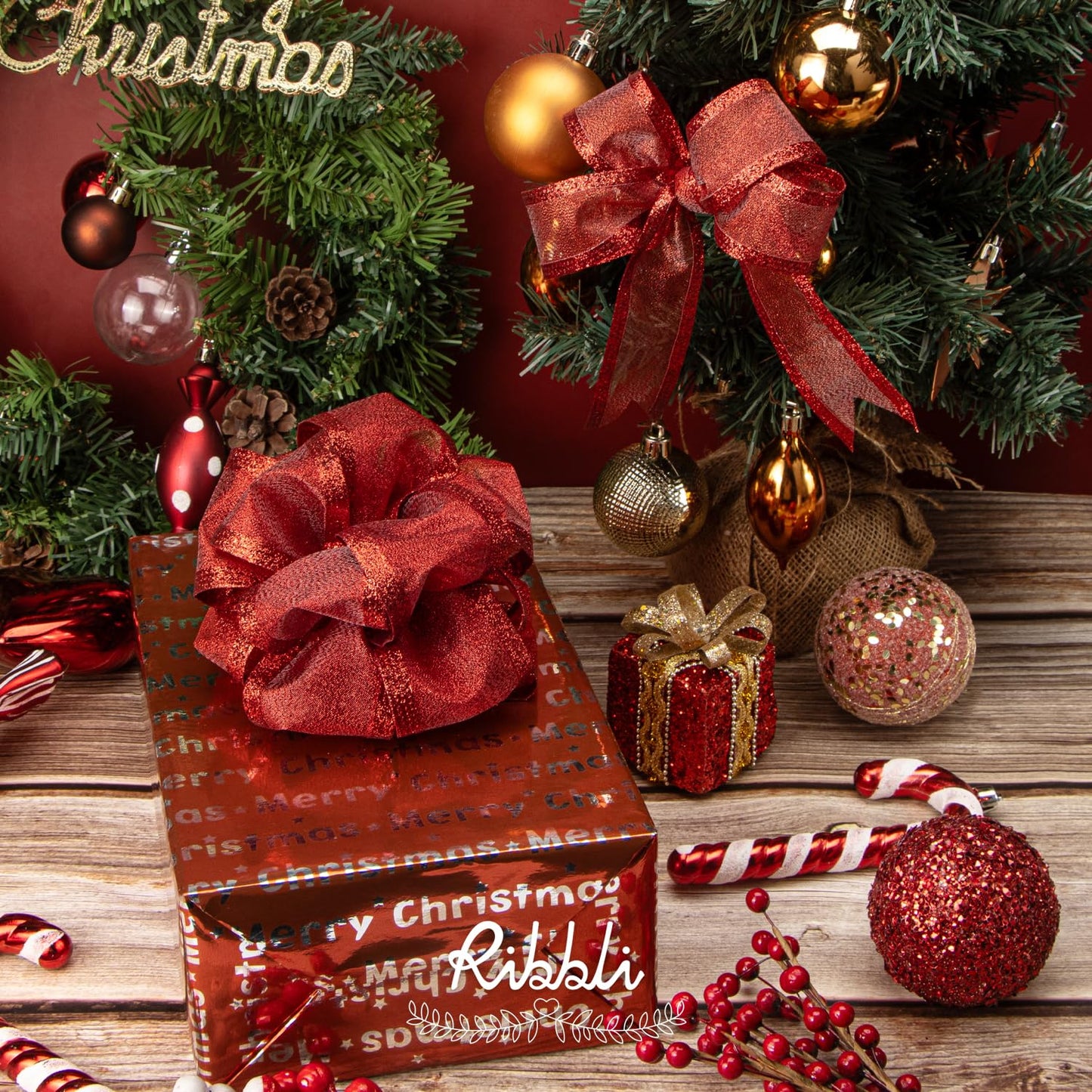 Ribbli Red Christmas Wired Ribbon, Metallic Wired Ribbon with Glitter Edge 2-1/2 Inch x 10 Yard for Christmas Tree Decoration, Gift Wrapping, Wreaths Supplies, Swag, Holiday Decor