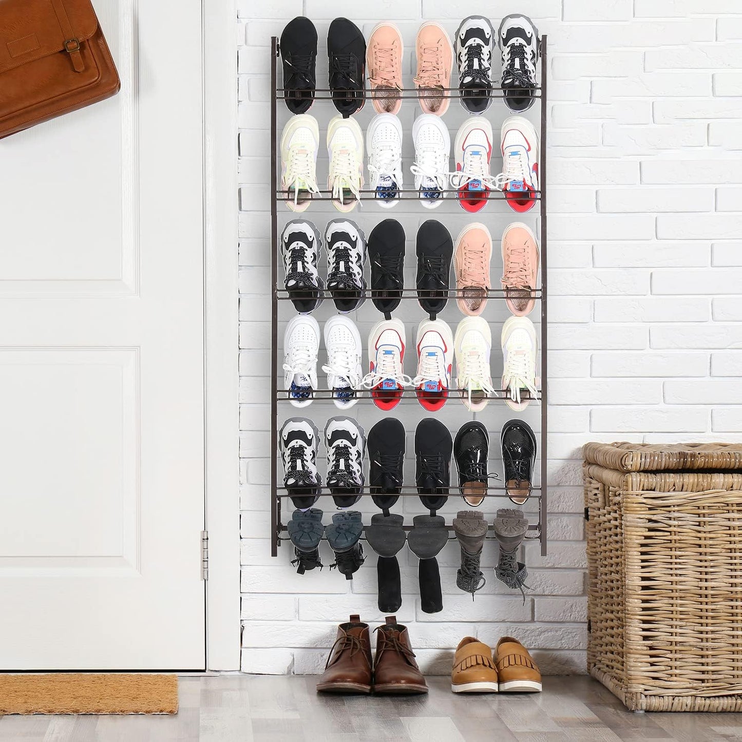MyGift 5-Tier Wall Mounted Dark Brown Metal 18 Pair Boot and Shoe Storage Rack Organizer Stand