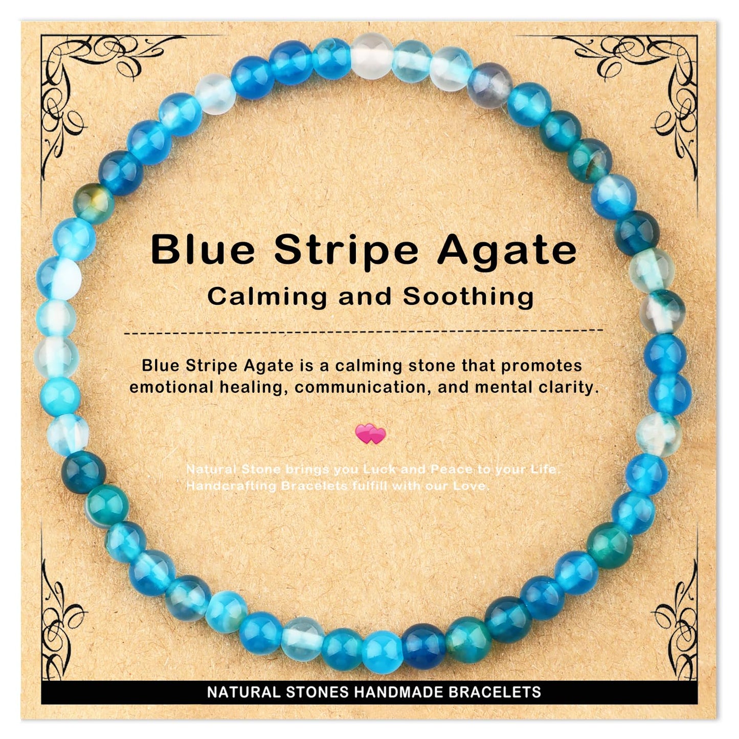 AD Beads 4mm Handmade Blue Stripe Agate Elastic Bracelet – Natural Gemstone for Calming and Soothing – Meditation, Yoga, Healing and Energy Gift for Men Women