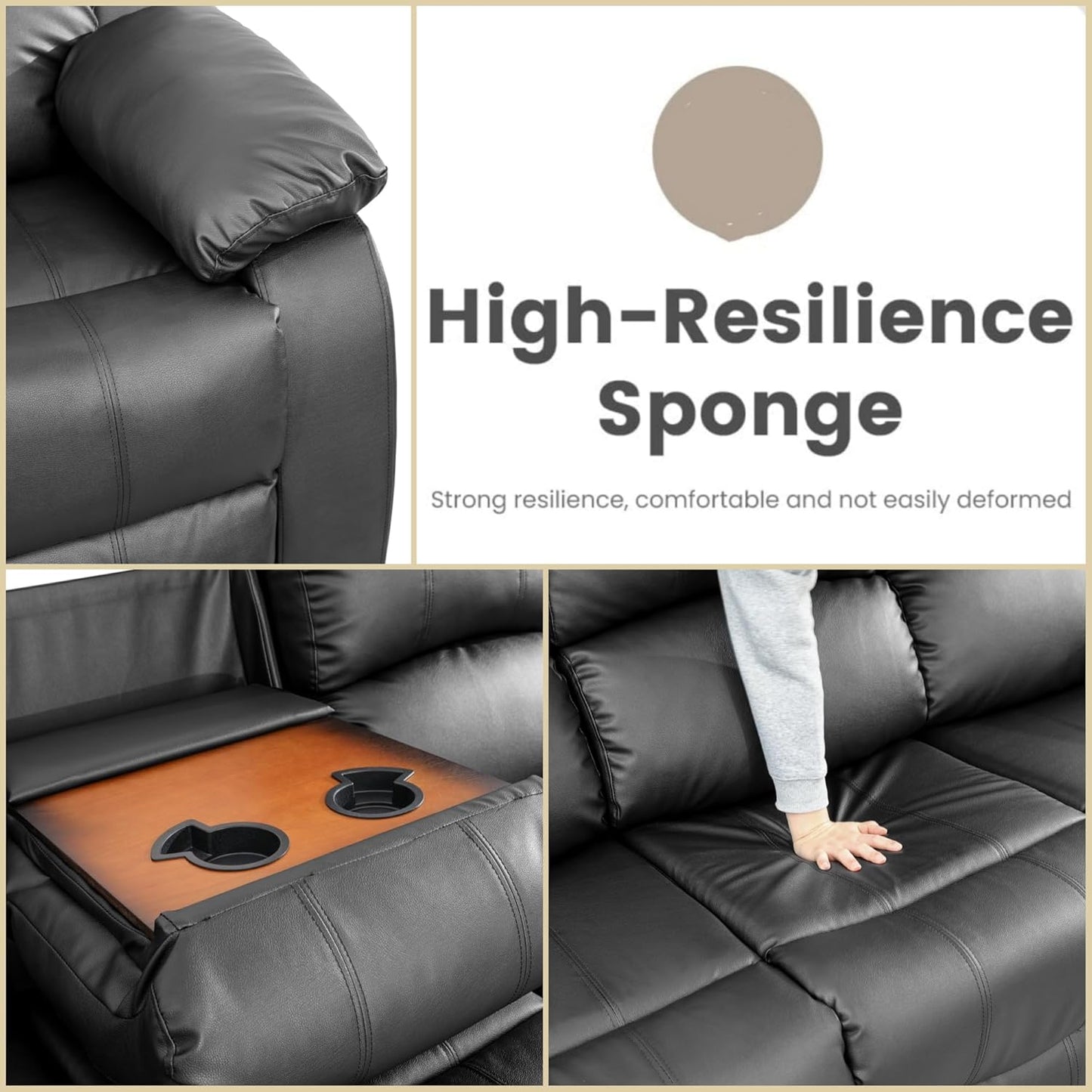 Leather Recliner Sofa Couch, 3-Seater Home Theater Seating Reclining Sofa, Power Reclining Couch with Cup Holders & Drop Down Table for Living Room Furniture Sets, Black