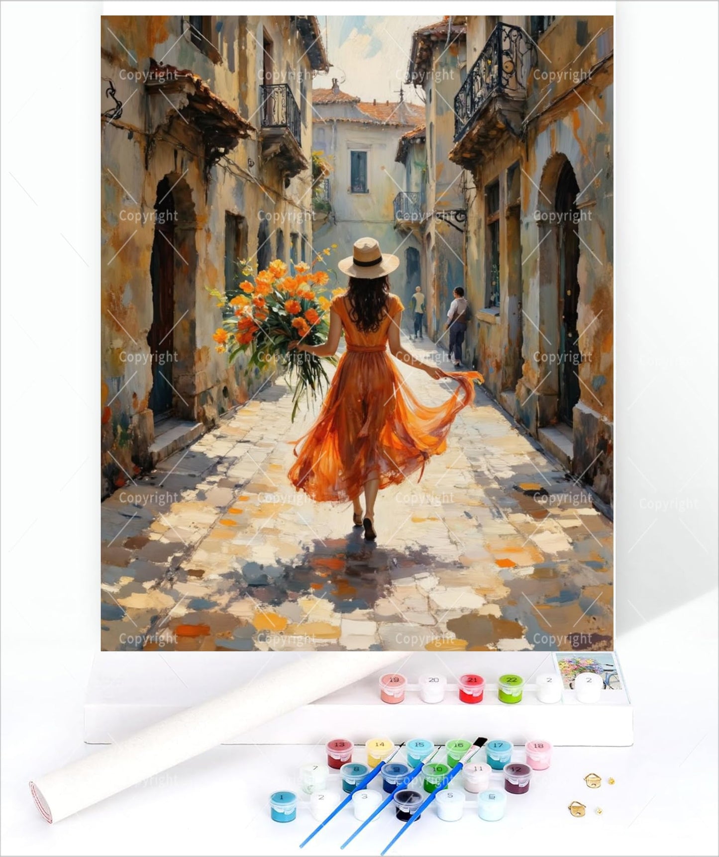 Sunny Alley Paint by Numbers Kit for Adults - DIY Woman in Orange Dress with Flowers Painting on Canvas 16x20 Inches, Acrylic Paint Set, Suitable for Beginners, Art for Decoration or Gifts, Unframed