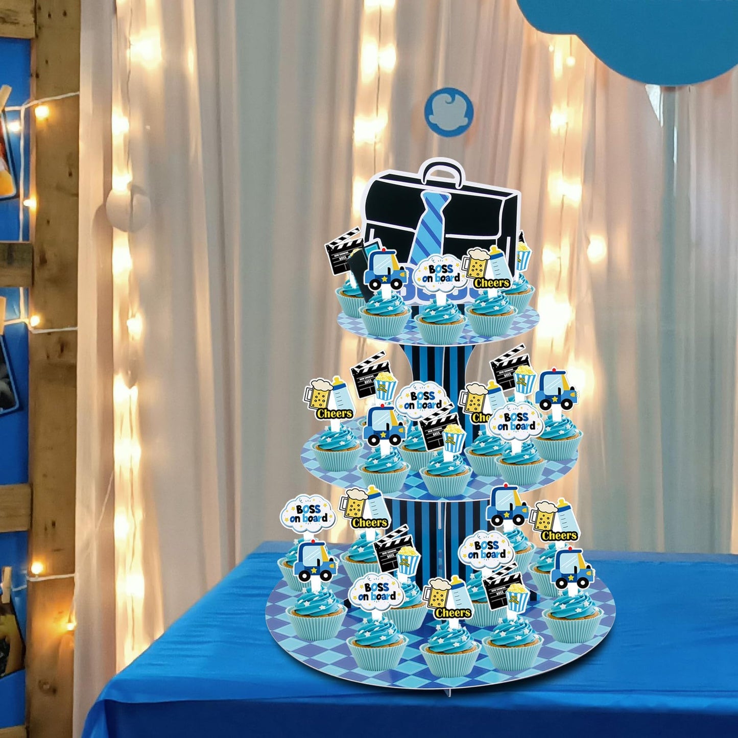 HAPPARTY Blue Black BOSS Theme 3-Tier Cupcake Stand 1PCS with 16PCS Cupcake Toppers, for Little Gentleman 1st 2nd Birthday Baby Shower Table Centerpiece Decorations