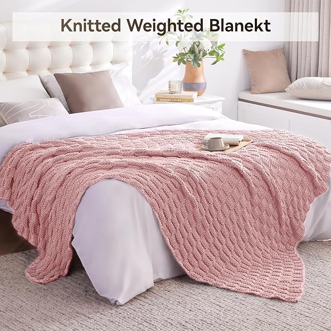 Knitted Weighted Blanket for Adult, No Beads Heavy Blanket 48” x 72'' 12lbs, Breathable Chunky Knit Blanket, Cooling Weighted Blanket for Hot Sleepers, Christmas Home Decor (HoneyPink)