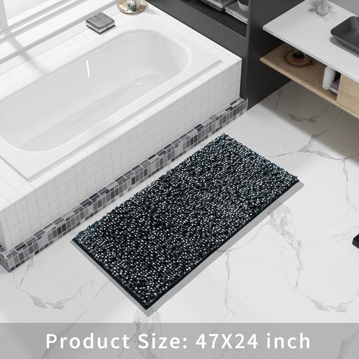 Yimobra Luxury Bathroom Rugs, 47x24, Extra Soft Chenille Mats for Bathroom Non Slip, Fluffy Long Matts for Tub, Plush Shaggy Carpet Runner, Water Absorbent, Machine Washable, Black & Dark Grey