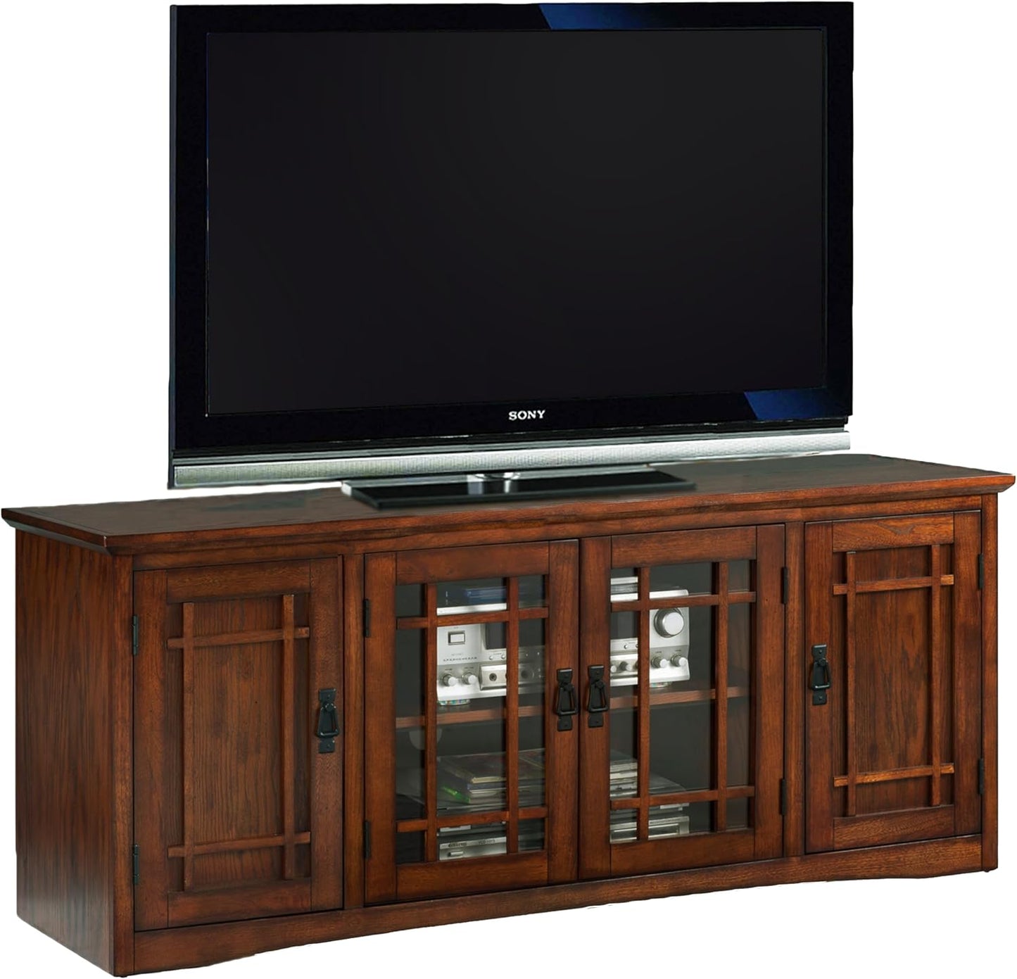 Leick Home 82360 Solid Wood Mission Oak Four Door TV Stand For 65" TVs Universal TV Console Living Room Storage Shelves Entertainment Center, Mission Oak