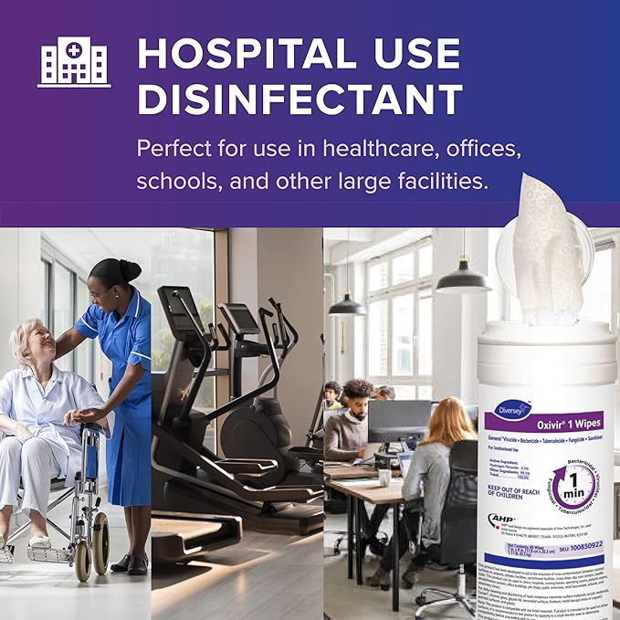Oxivir Diversey 1 100850922 Disinfectant Cleaning Wipes, Pre-Moistened with Accelerated Hydrogen Peroxide AHP, Unscented, 60 Medium 7x8-Inch Wipes, 1-Slim Canister