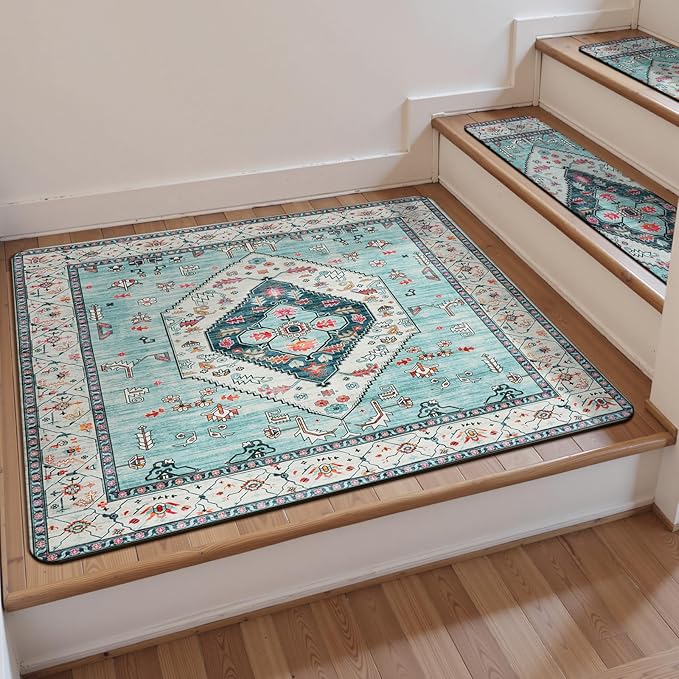 OJIA Non-Slip Stair Treads Matching Mat for Wooden Steps, Square Rubber Backing Anti-Slip Stair Carpet Landing Mat Stair Rugs 31x31 inch, Light Blue