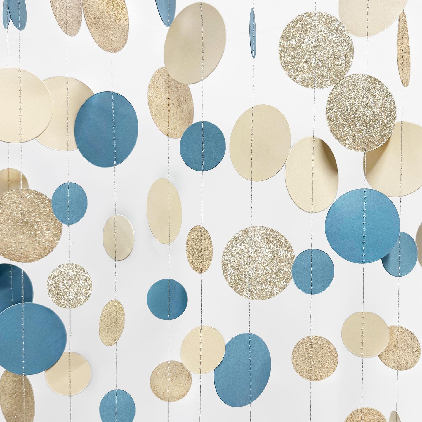 Champagne Gold Dusty Blue Beige Circle Dot Garland Hanging Paper Polka Dot Streamer for Men Boy Birthday Baby Shower Wedding Bridal Shower Retirement Engagement Bachelorette Party Decorations Supplies