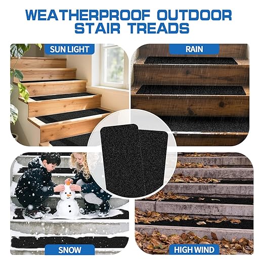 LadyRosian Outdoor Stair Treads Non Slip 10-Pack Black 6" x 24" - Weather Resistant Adhesive Heavy Grip Tape - Waterproof Anti Skid Strips
