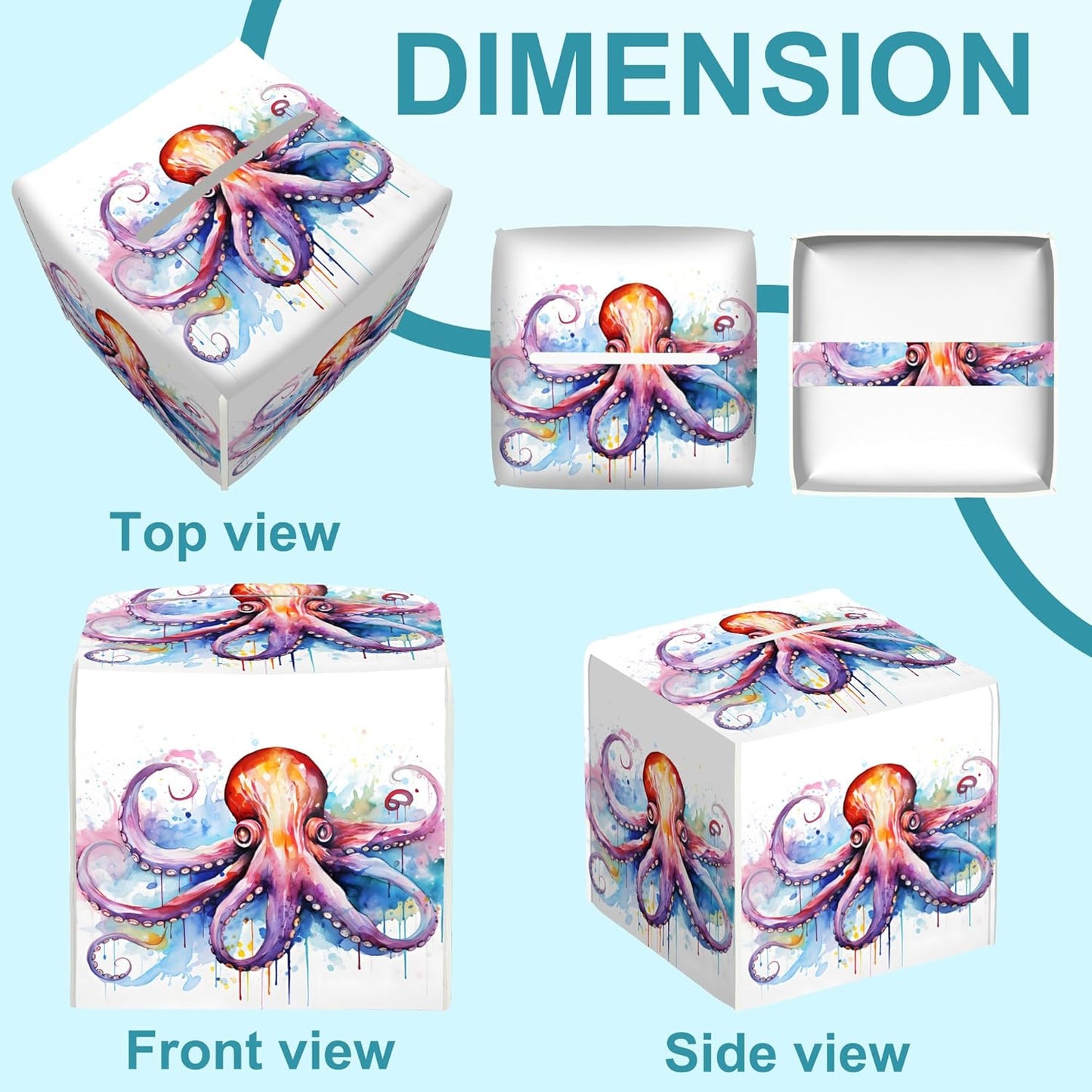 Watercolor Squid Tissue Box Cover,Colorful Splashes Tissue Box Holder Square with Bottom Belt,Waterproof Modern Napkin Holder Organizer for Bedroom Dresser Night Stand Office Desk,5.2" x 5.2" x 5.2"