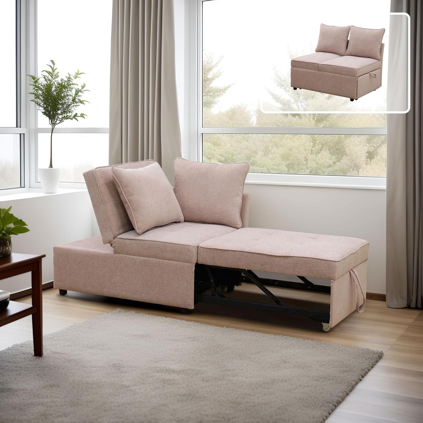 Sleeper Sofa, 4-in-1 Convertible Ottoman Couch Bed, Modern Sackcloth Futon Sofa Bed with 2 Pillows Adjustable Backrest, Recliner Folding Loveseat for Living Room, Apartment Dorm, Office,Pink