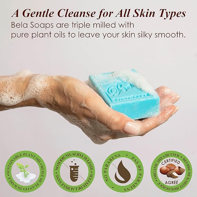 BELA Sea Salt and Goats Milk Soap 3.3 OZ, Pack of 6, Long Lasting French Triple Milled Bar Soap with Organic Shea Butter, Sea Salt Minerals and Nourishing Goat Milk, Made in Australia