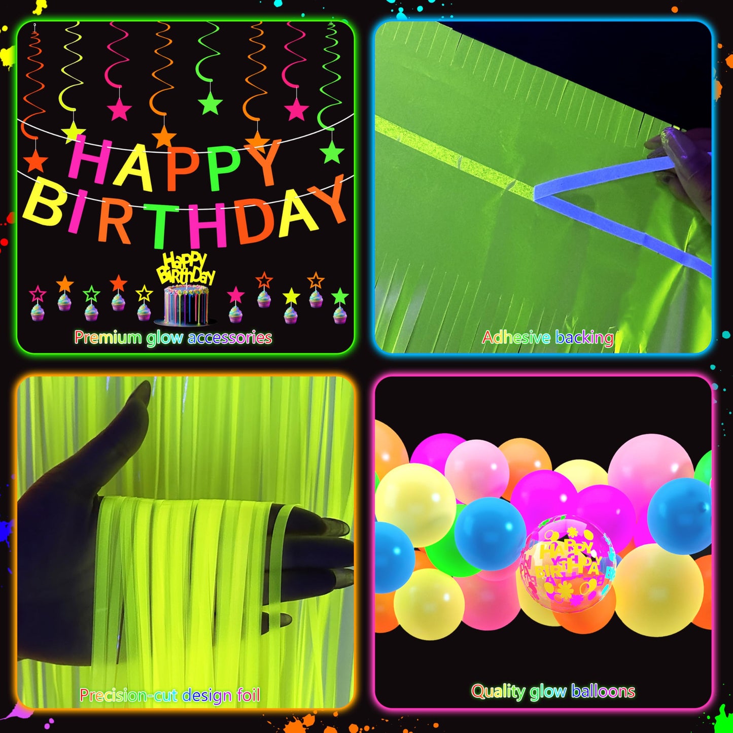 Glow in The Dark Party Supplies Kit - Neon Birthday Decorations with Balloon Garland Arch, Fluorescent Tinsel Curtains, Star Swirls, Cake Toppers & Table Skirt (100+ Pieces)