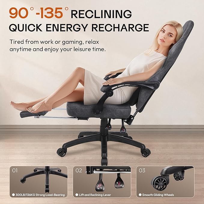 Dowinx Gaming Chair Breathable PU Leather Gamer Chair with Footrest Massage Lumbar Support, Big and Tall Ergonomic Reclining Computer Chair with Pocket Spring Cushion for Adults Teens (Grey)