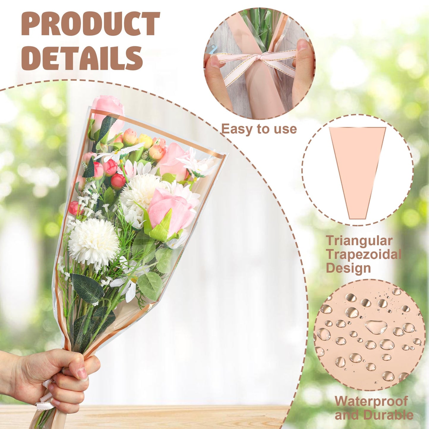 50PCS Flower Wrapping Bags for Bouquets 17 x 11in Pink Floral Bouquet Packing Sleeves with Ribbon Plastic Flower Bouquet Sleeves for Mother's Day Valentine Wedding Birthday Graduation Florist Supplies