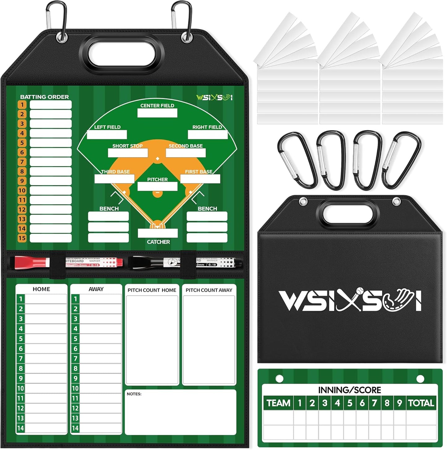 Magnetic Baseball Lineup Board for Dugout | Professional Baseball/Softball Clipboard for Coaches, Foldable | Leather Cover | Carry Handle | Detachable Scoreboard | 30 Lineup Cards