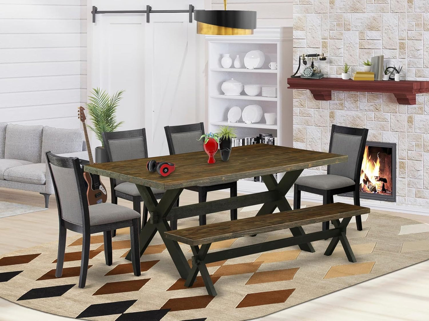 East West Furniture X677MZ650-6 6 Piece Kitchen Table Set Contains a Rectangle Dining Table and 4 Dark Gotham Grey Linen Fabric Parson Chairs with a Bench, 40x72 Inch, Multi-Color