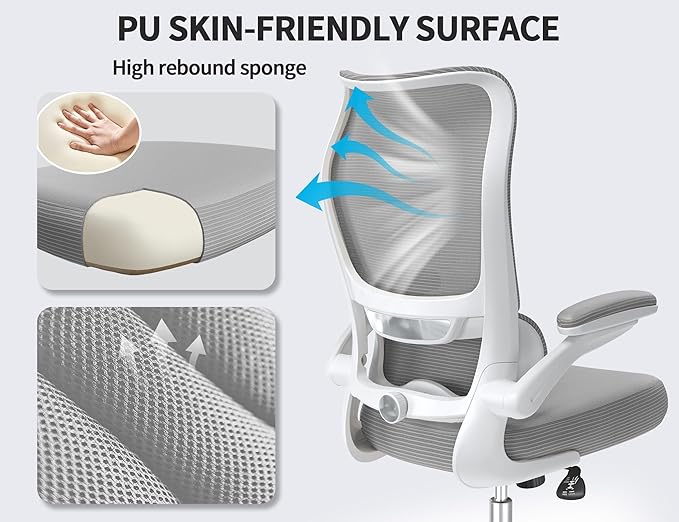 TRALT Ergonomic Office Chair - Desk Chair with Wave High Back Adjustable Lumbar Support Computer Chair - Gaming Chairs Mesh Backrest and PU Leather Seat for Home Reading Chairs to Adults(Grey)